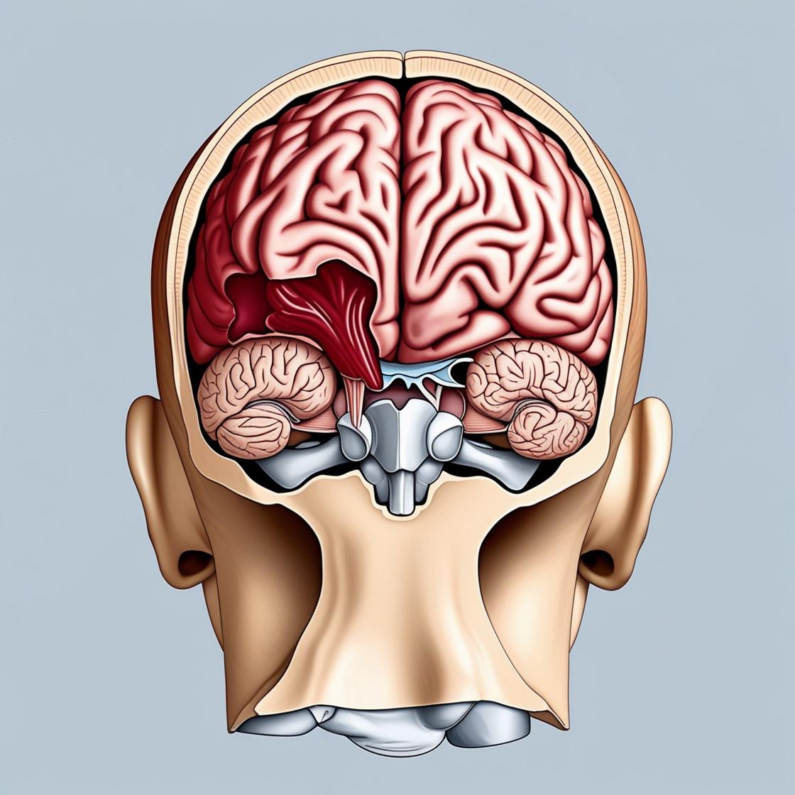 quero uma imagem do cerebro com hematoma entre ele e o cranio na parte superior indicando um hematoma subdural para estudo com a cabeça de frente pessoa por fora e dentro o ce 1