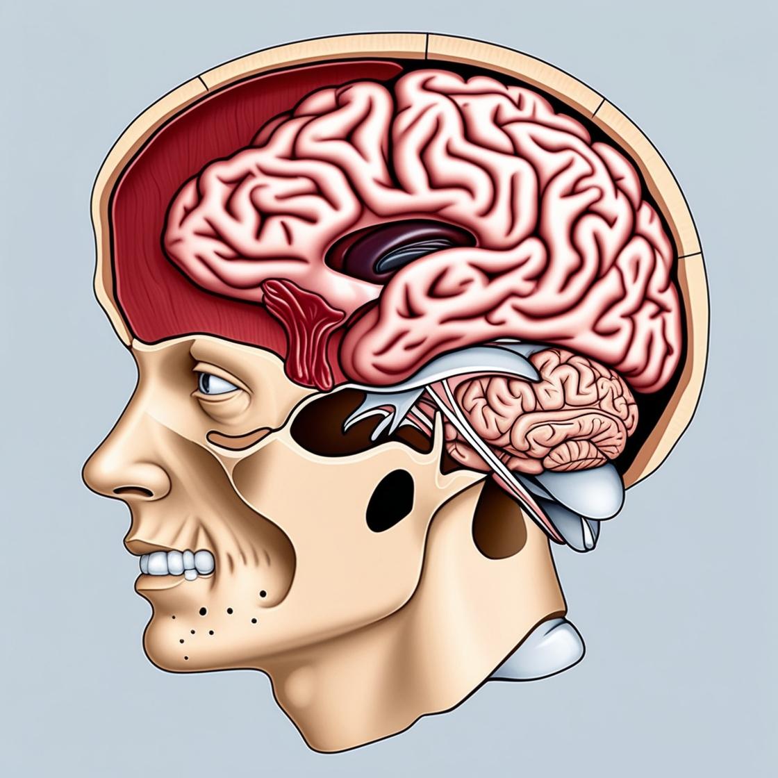 quero uma imagem do cerebro com hematoma entre ele e o cranio na parte superior indicando um hematoma subdural para estudo com a cabeça de frente pessoa por fora e dentro o cerebr